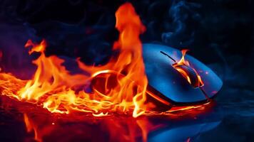 A computer mouse on fire on a black surface video