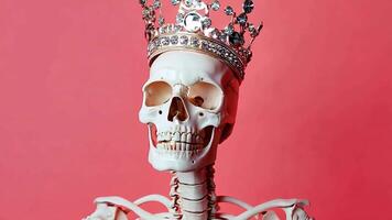 A skeleton wearing a crown on a pink background video