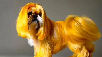 A dog with long blonde hair is standing in front of a gray background video