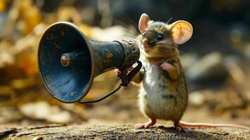 A mouse with a megaphone in its mouth on a log video