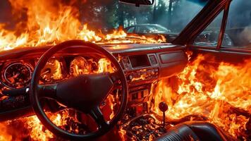 A car is engulfed by flames in the middle of a forest video