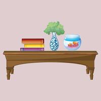 A vase with a fish in it and books on a table vector