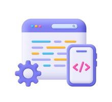 Web page and smartphone with code symbol and gear cogwheel. Web development, software engineering, setting and tools, programming and coding concept. 3d icon. Cartoon minimal style. vector