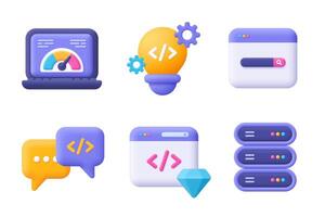Web development , SEO, coding and programming 3d icon set. Cartoon minimal style. vector