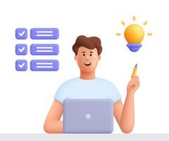 Man working on the laptop computer and holding pencil and pointing to bulb, working on the task. Creativity, planning, work project and business idea. 3d people character. Cartoon minimal style vector