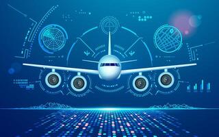 concept of air traffic control or aviation technology, graphic of realistic airplane with futuristic interface vector