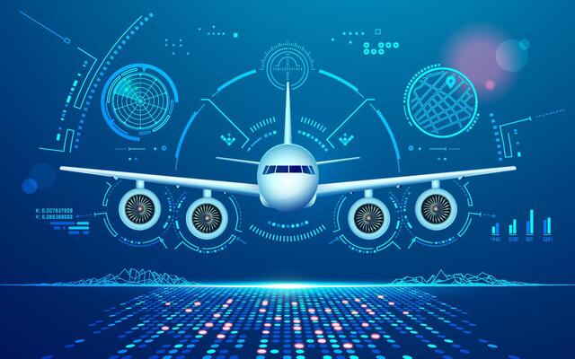 concept of air traffic control or aviation technology, graphic of realistic airplane with futuristic interface