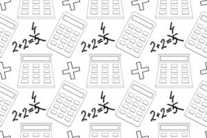 Black and white seamless pattern of calculators and math equations. Perfect for coloring books, educational materials, and math-related designs. vector