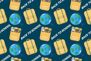 Seamless pattern featuring backpacks, globes, and school supplies. Ideal for back-to-school projects, wrapping paper, and education designs. vector