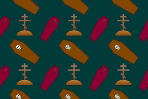Creepy Halloween pattern featuring coffins and grave crosses. Perfect for spooky designs, backgrounds, and Halloween projects. vector