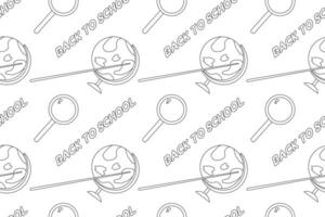 A fun back-to-school coloring page featuring a globe, magnifying glass, and text in an educational theme. Perfect for kids and students. vector