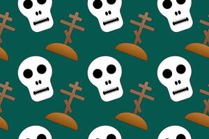 Seamless Halloween-themed pattern featuring skulls and grave crosses. Ideal for spooky decor, textiles, or party invitations. vector