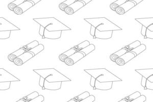 Seamless pattern of graduation caps and diploma scrolls for a back-to-school themed coloring book. Perfect for students and educators. vector