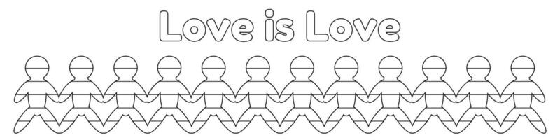 Coloring page featuring paper doll-like figures holding hands with Love is Love text. LGBT pride and equality theme for creativity and relaxation vector