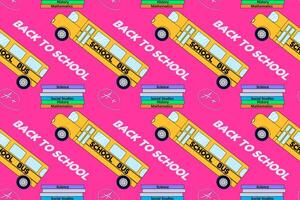 Fun back-to-school pattern featuring school buses, books, and educational elements on a pink background. Perfect for educational designs. vector