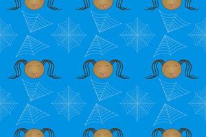Cute Halloween seamless pattern with smiling spiders and webs. Perfect for festive designs, fabric, and kids projects. vector