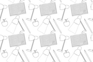 Seamless back-to-school themed pattern with notebooks, pencils, lamps, and apples in outline style for a coloring book. vector