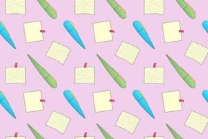 Back-to-school themed seamless pattern with pens, notes, and papers. Perfect for school, education, and stationery designs. vector