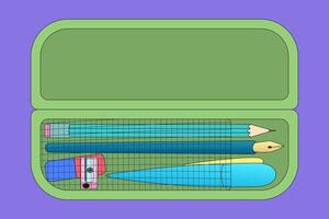 illustration of a pencil case with stationery tools, including pencils, pen, sharpener, and eraser. Perfect for back-to-school themes. vector