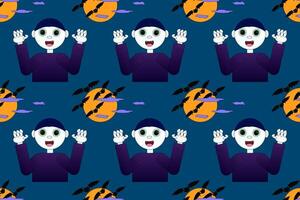 Seamless pattern with a cute cartoon vampire, bats, and moon. Great for Halloween designs, spooky decorations, and themed projects. vector
