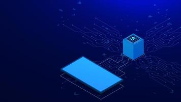 Artificial intelligence with microchip, smartphone and electronic board isometric. Technology and engineering vector