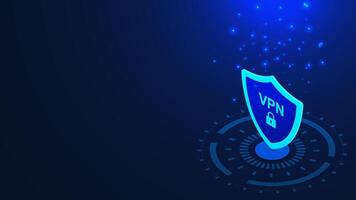VPN, virtual private network shield with padlock, hologram and glowing particles on dark blue background. Secure connection, cyber security and privacy vector