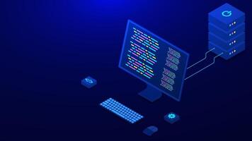 Computer programming concept with server isometric. Programming languages, creation digital software, desktop platform vector