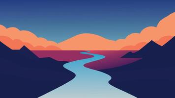 Surreal image depicting a river flowing into a lake, both suspended in a vibrant sky filled with clouds flat illustration vector