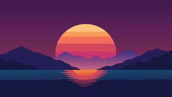 Sunset illuminates the ocean surface, framed by the serene outline of distant mountains flat illustration vector