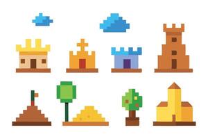 Pixelated game scenery collection set isolated flat illustration on white background. vector