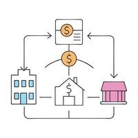 Simple line drawing illustrating a house, bank, and money, representing concepts of business and financial management isolated doodle line art flat illustration on white background. vector