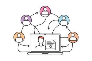 Minimalist illustration of a laptop surrounded by people, representing community and connection in blogging isolated doodle line art flat illustration on white background vector
