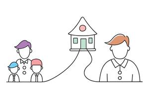 Line drawing of a family with children outside a house, symbolizing a nurturing daycare environment isolated doodle line art flat illustration on white background vector