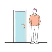 A man stands confidently in front of a closed door continuous line art flat illustration white background vector