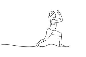 woman practicing a yoga pose, accompanied by the text Yoga for Beginners in a serene setting continuous line art flat illustration on white background vector