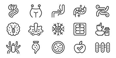 Digestion, intestine, stomach, and probiotics concept related editable stroke outline icons set isolated flat illustration on white background. vector