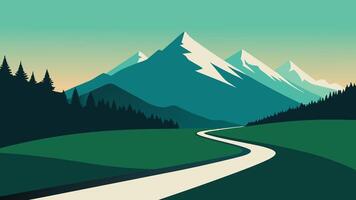Tranquil road bordered by trees and grass, guiding the eye toward a towering mountain in the background vector