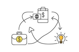 Visual representation of a business process, including a briefcase, money, and a light bulb, highlighting a business idea isolated doodle line art flat illustration on white background. vector