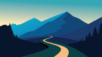 Blurred view of a winding mountain road, surrounded by lush greenery and distant peaks under a cloudy sky flat illustration. vector