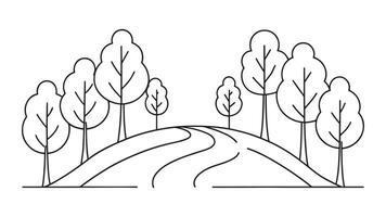 Simple line drawing depicting a winding road flanked by stylized trees on either side, conveying a serene landscape vector