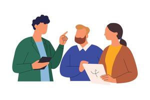 Business colleagues collaborating and reviewing feedback during a brainstorming session line art with doodle isolated flat illustration white background vector