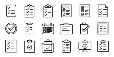 Clipboard, checklist, report, survey or agreement related editable stroke outline icons set isolated flat illustration on white background vector