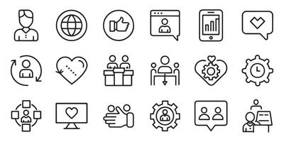 CRM customer relationship management related editable stroke outline icons set isolated flat illustration on white background. vector