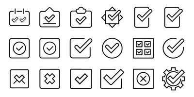 Check mark related editable stroke outline icons set isolated flat illustration on white background. vector