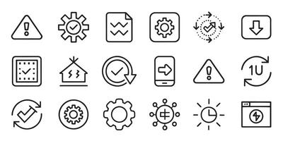 Caution, setting, complete concept related editable stroke outline icons set isolated flat illustration on white background. vector