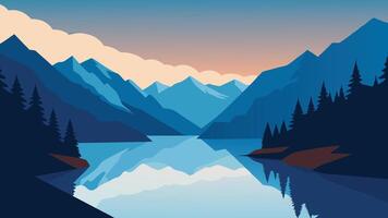 Calm lake bordered by rugged mountains and dense trees, creating a stunning view of the great outdoors flat illustration vector