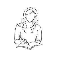 woman writes in a notebook continuous line art flat illustration on white background. vector