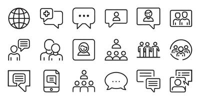 Dialogue, communication, conversation or chatting related editable stroke outline icons set isolated flat illustration on white background vector