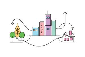 Cityscape line drawing with a house, tree, and dollar sign, representing the concept of forest investment isolated doodle line art flat illustration on white background vector