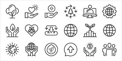 CSR Corporate social responsibility and sustainability related editable stroke outline icons set isolated flat illustration on white background. vector